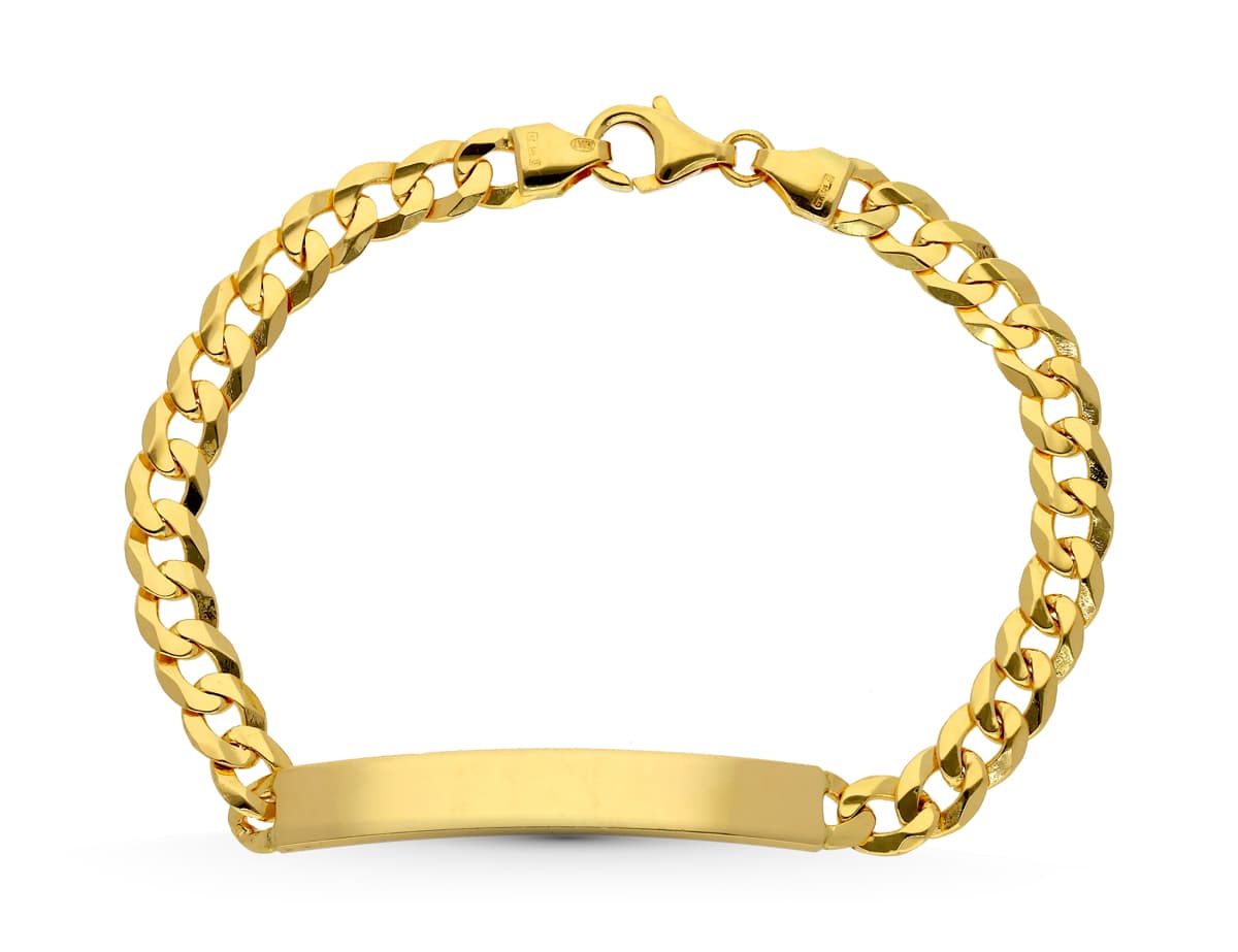 Esclava de oro amarillo 18k barbada maciza, 21 cm de largo y 6 mm de ancho, sobre fondo blanco