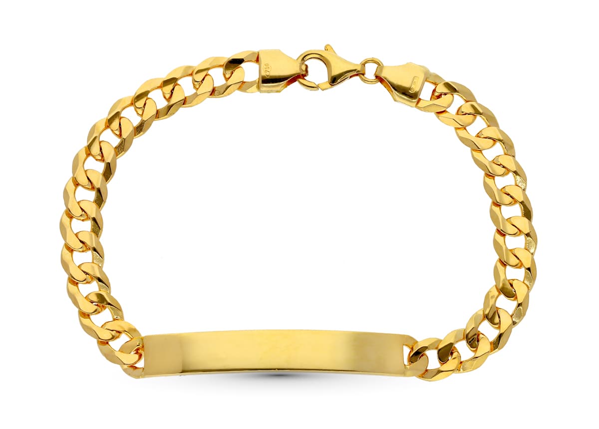 Esclava de oro amarillo 18k barbada maciza, 21 cm de largo y 7 mm de ancho, sobre fondo blanco