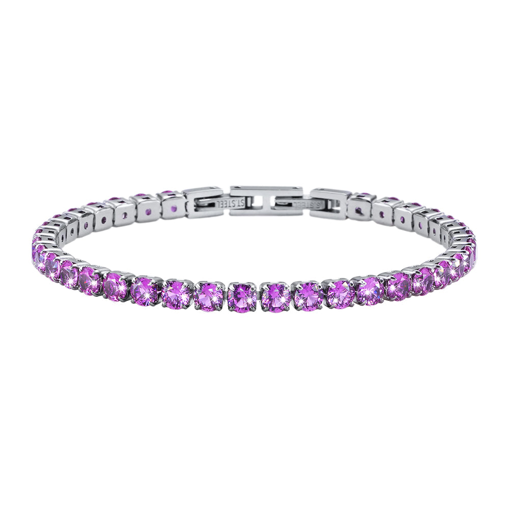 Pulsera de acero inoxidable de 4 mm de ancho y 16+1,5 cm de largo con cristales color fucsia