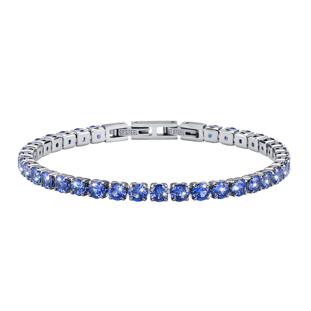 Pulsera de acero inoxidable de 4 mm de ancho y 16+1,5 cm de largo con cristales azul zafiro