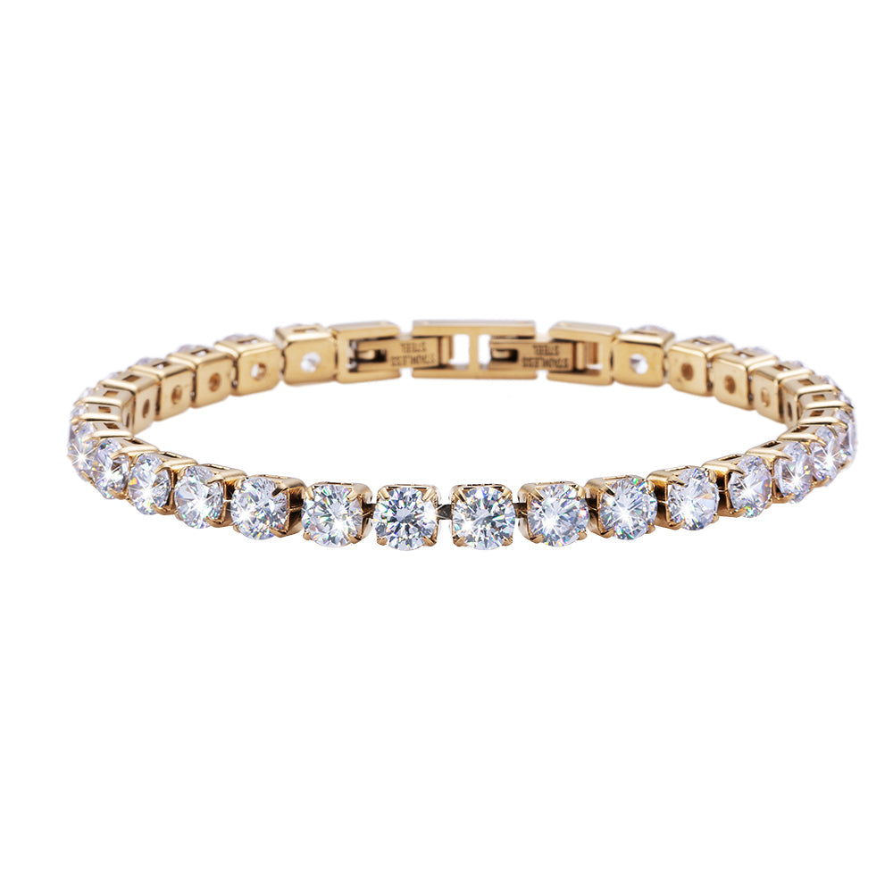 Pulsera de acero inoxidable chapado en oro con cristales transparentes de 5 mm de ancho