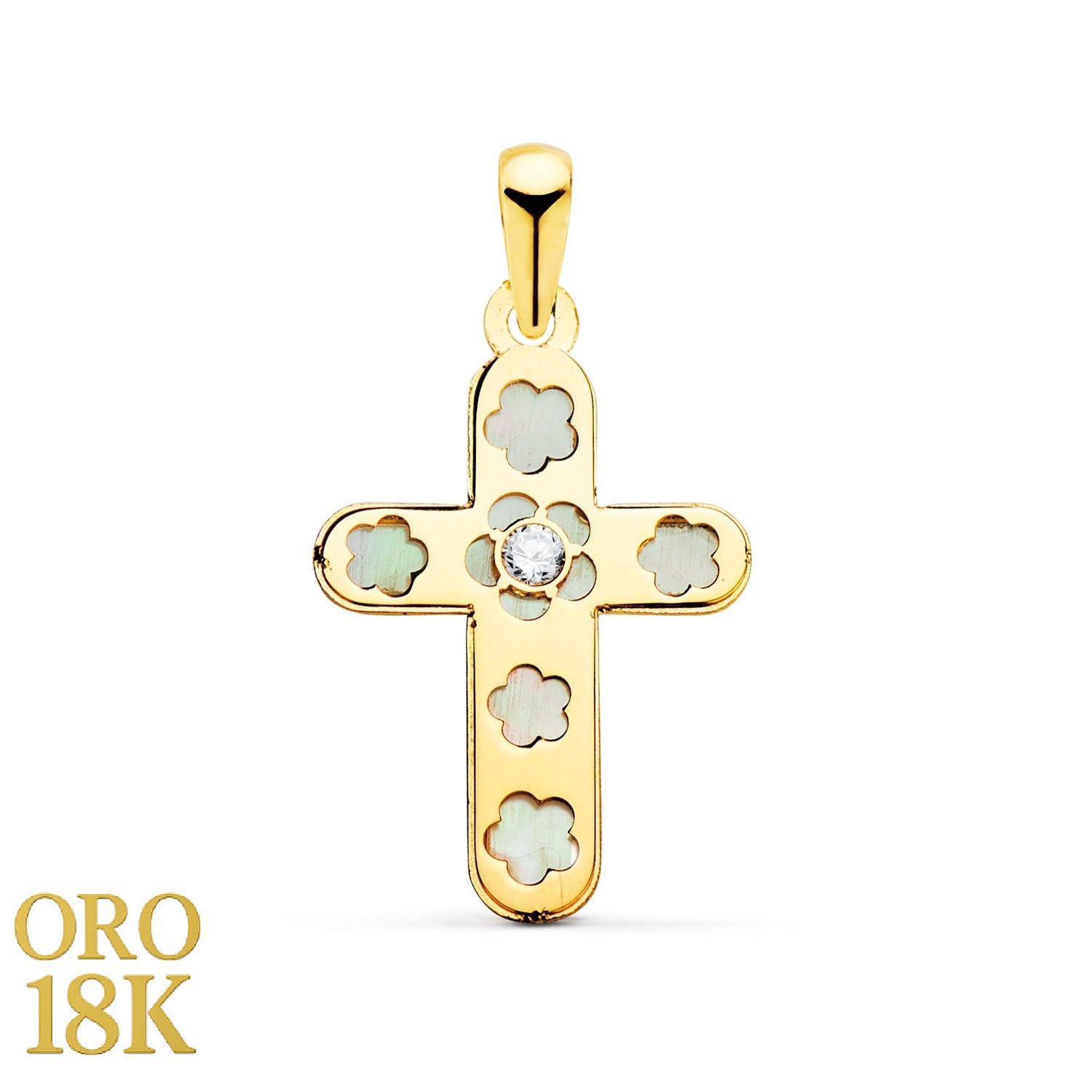 Cruz oro 18k con nácar y una circonita con formas florales
