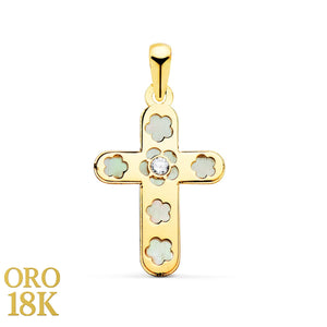 Cruz oro 18k con nácar y una circonita con formas florales