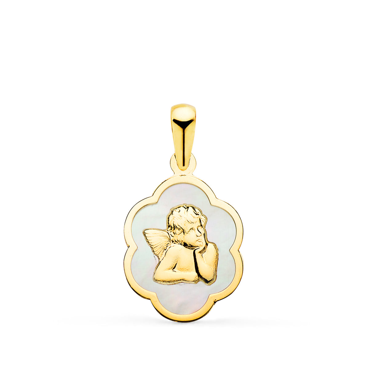 Colgante de oro 18k con forma de nube, angelito burlón y nácar blanco, 15x12 mm, sobre fondo blanco