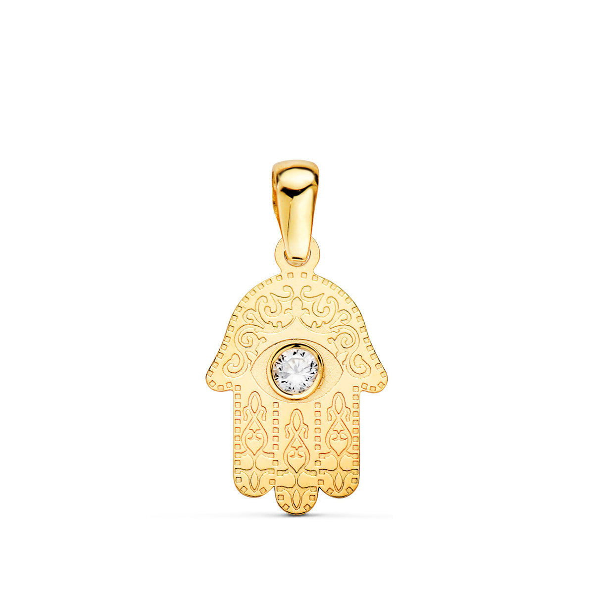 Mano de Fátima tallada con circonita en oro de ley 18k de 14x9 mm