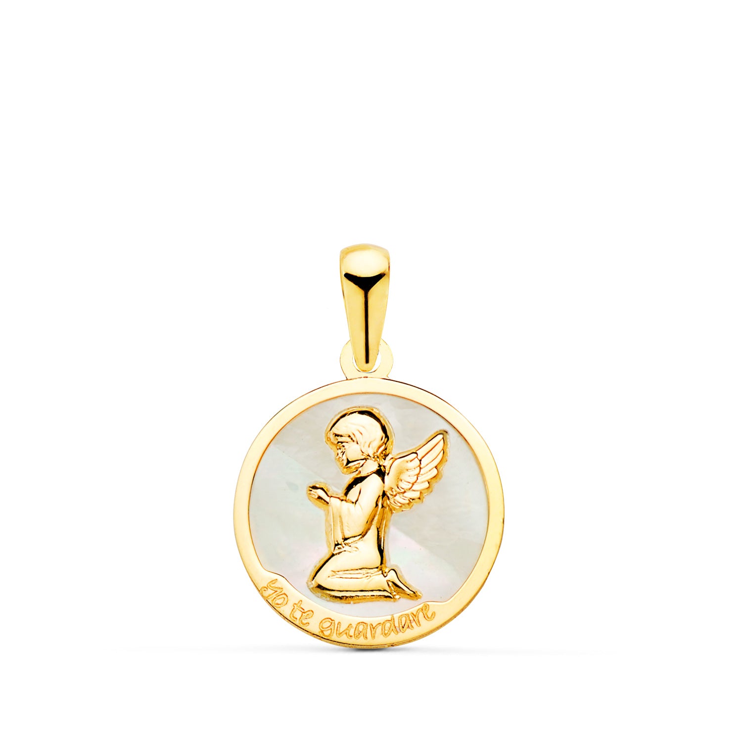 Colgante de oro 18k con ángel burlón y nácar blanco, 15 mm, sobre fondo blanco