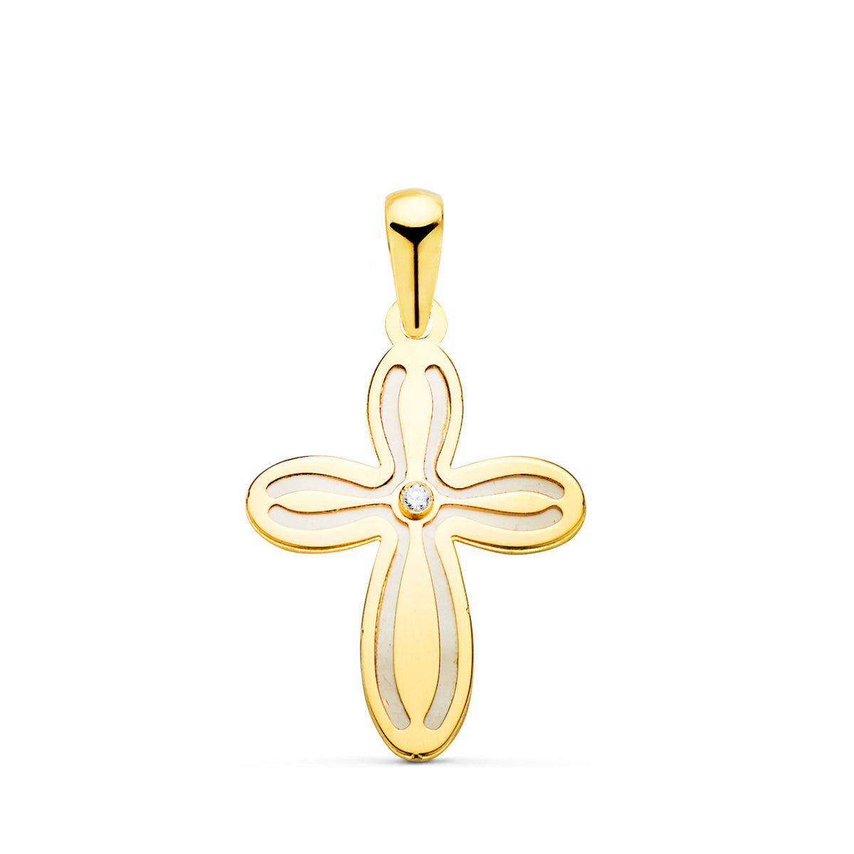 Cruz de oro de 18 quilates con nácar y una circonita, de 19 mm de alto y 14 mm de ancho