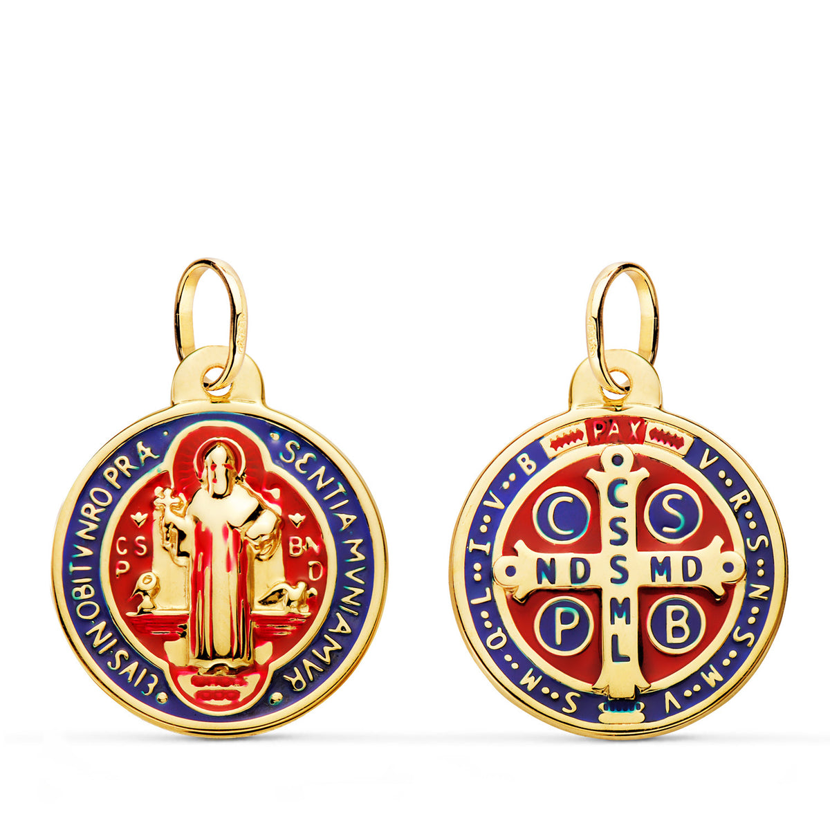 Escapulario de San Benito en oro 18k brillo esmaltado, 19 mm, anverso y reverso