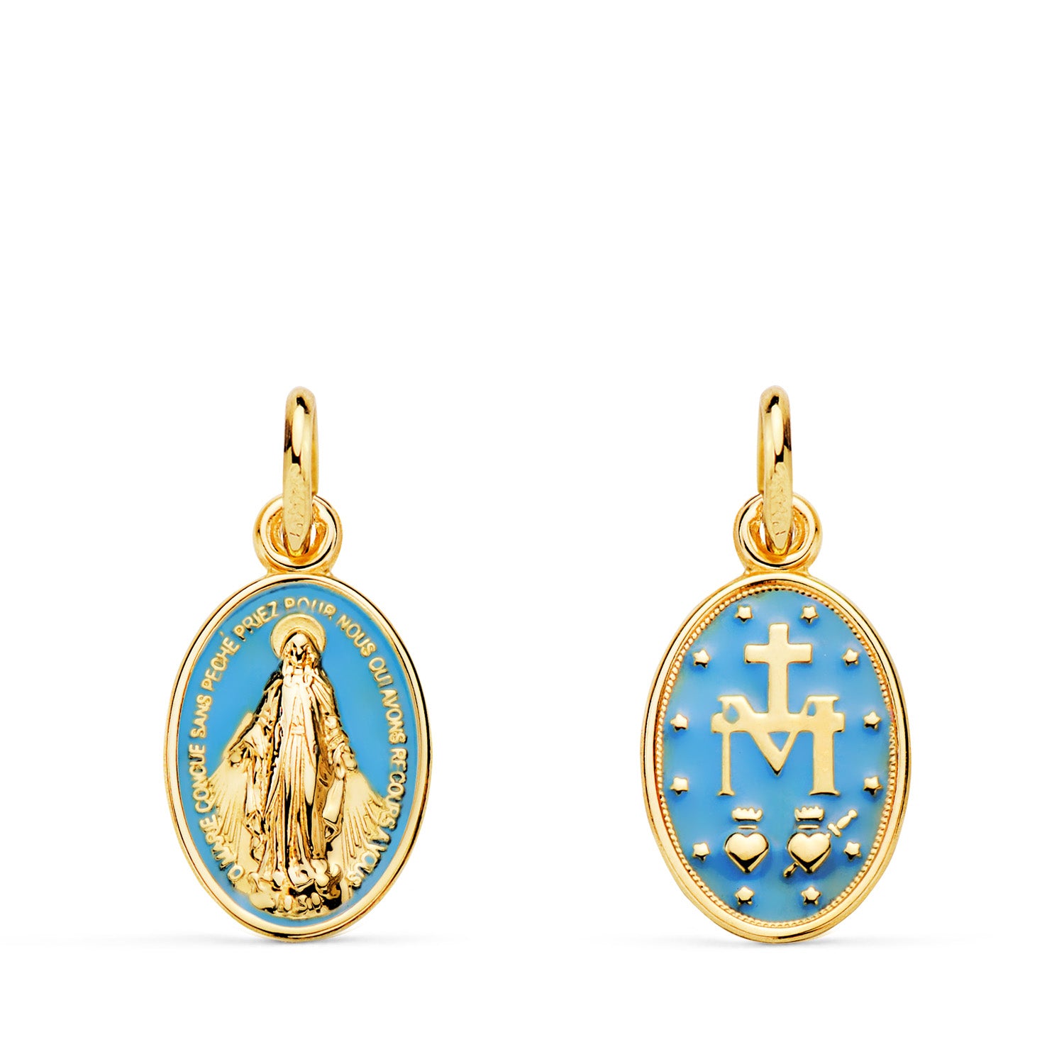 Medalla pequeña de la Virgen Milagrosa en oro de ley 18k de 15x10 mm con esmalte azul, anverso y reverso