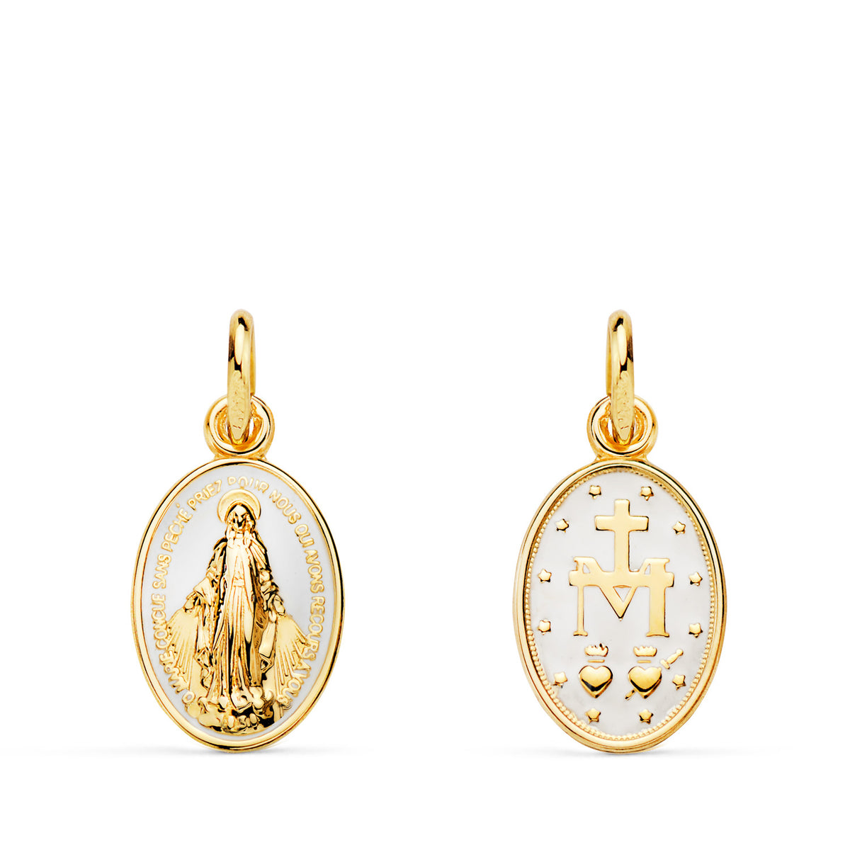 Medalla de la Virgen Milagrosa en oro de ley 18k de 15x10 mm con esmalte blanco, anverso y reverso