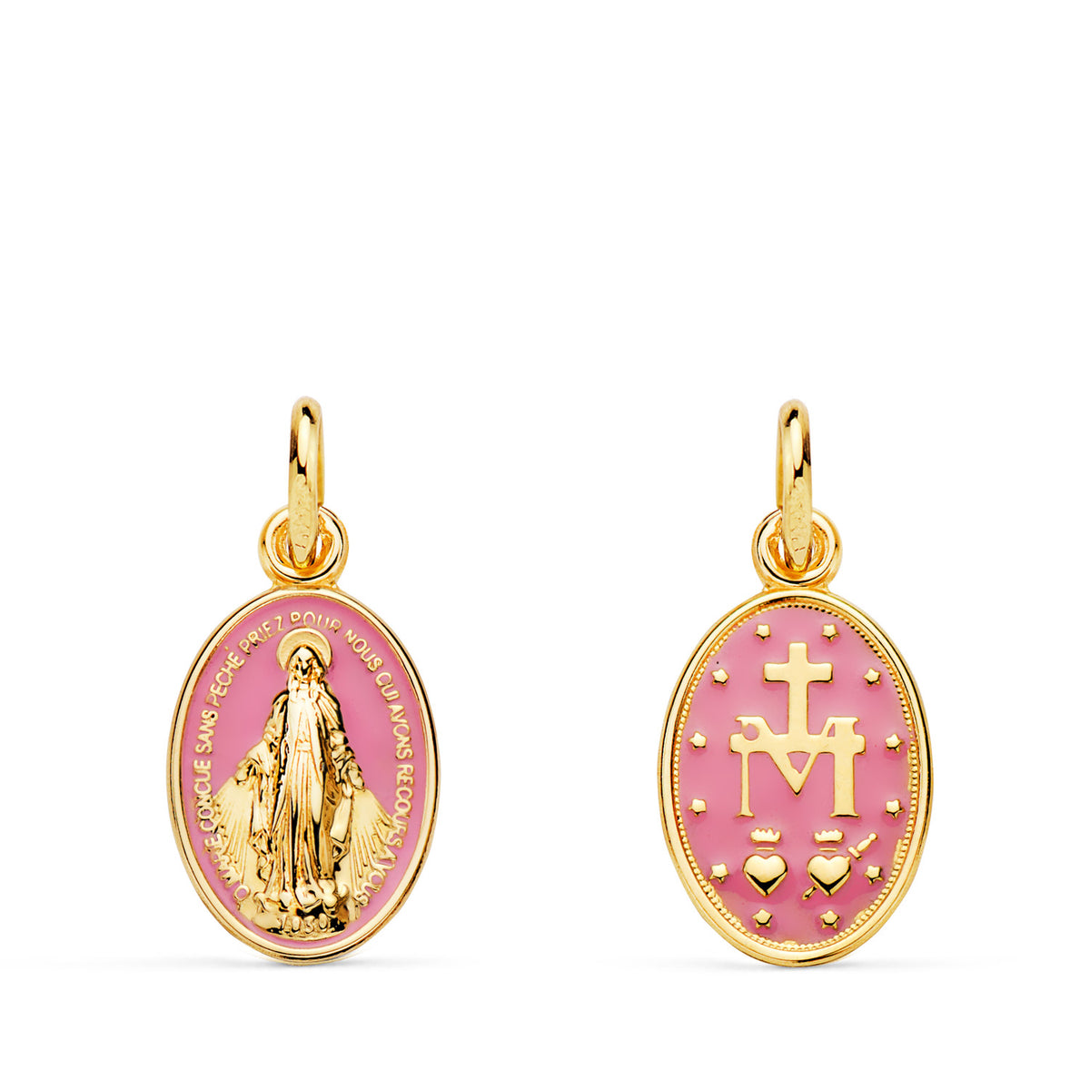 Medalla de la Virgen Milagrosa en oro de ley 18k de 15x10 mm con esmalte rosa, anverso y reverso
