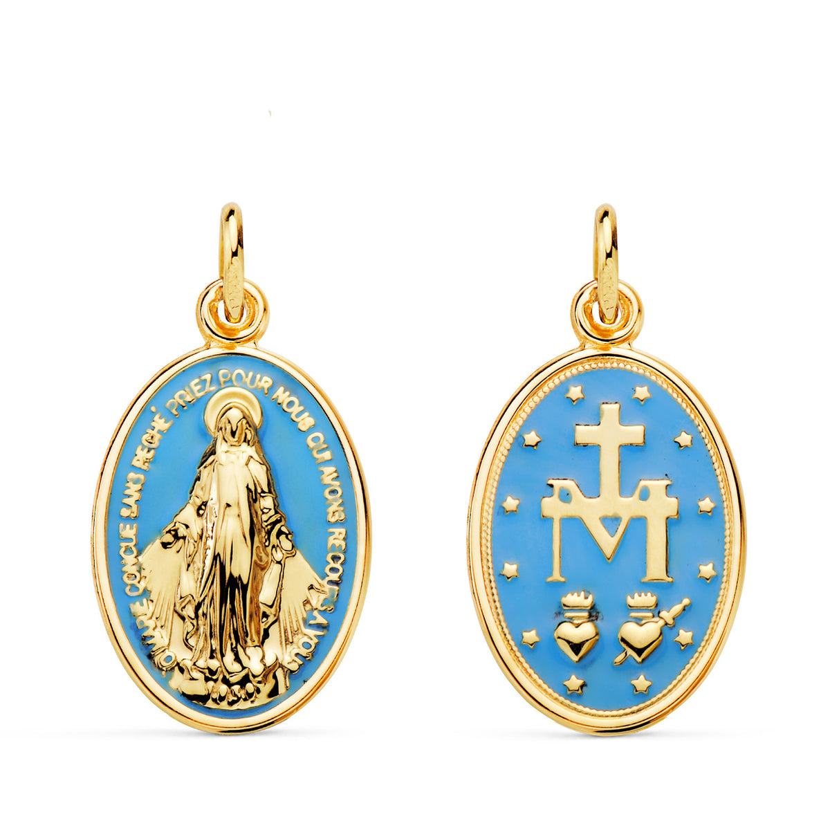 Medalla de la Virgen Milagrosa en oro de ley 18k de 19x14 mm con esmalte azul cielo, anverso y reverso