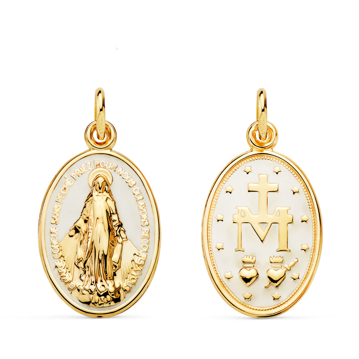 Medalla de la Virgen Milagrosa en oro de ley 18k de 19x14 mm con esmalte blanco, anverso y reverso