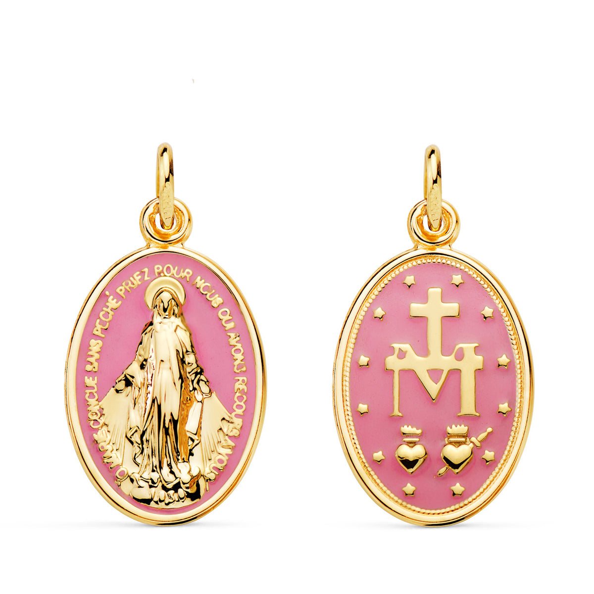 Medalla de la Virgen Milagrosa en oro de ley 18k de 19x14 mm con esmalte rosa, anverso y reverso