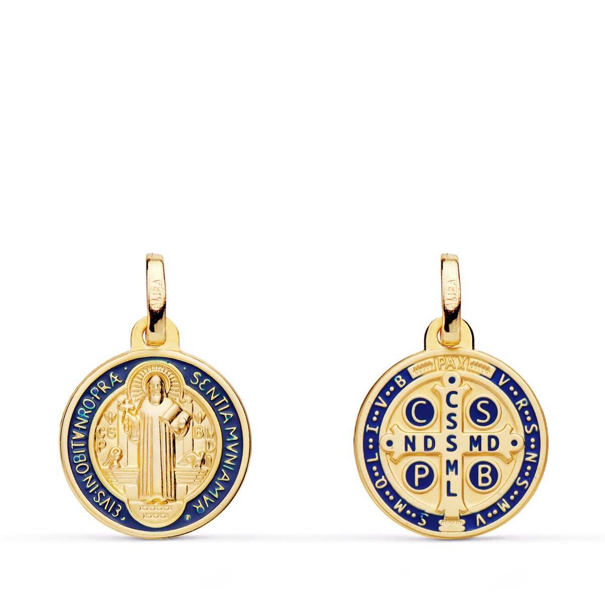 Escapulario en oro 18k de San Benito con esmalte azul, 13 mm, anverso y reverso