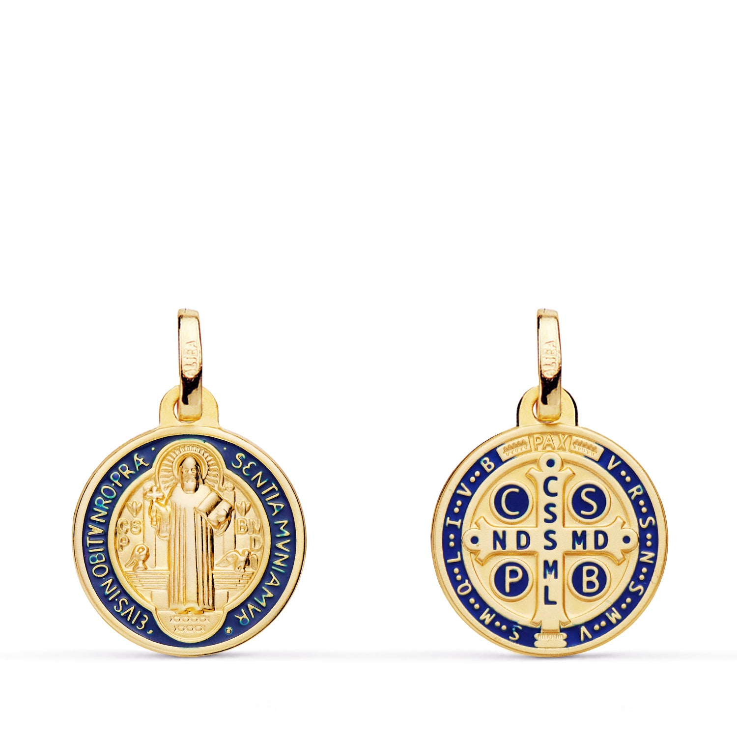 Escapulario en oro 18k de San Benito con esmalte azul, 13 mm, anverso y reverso