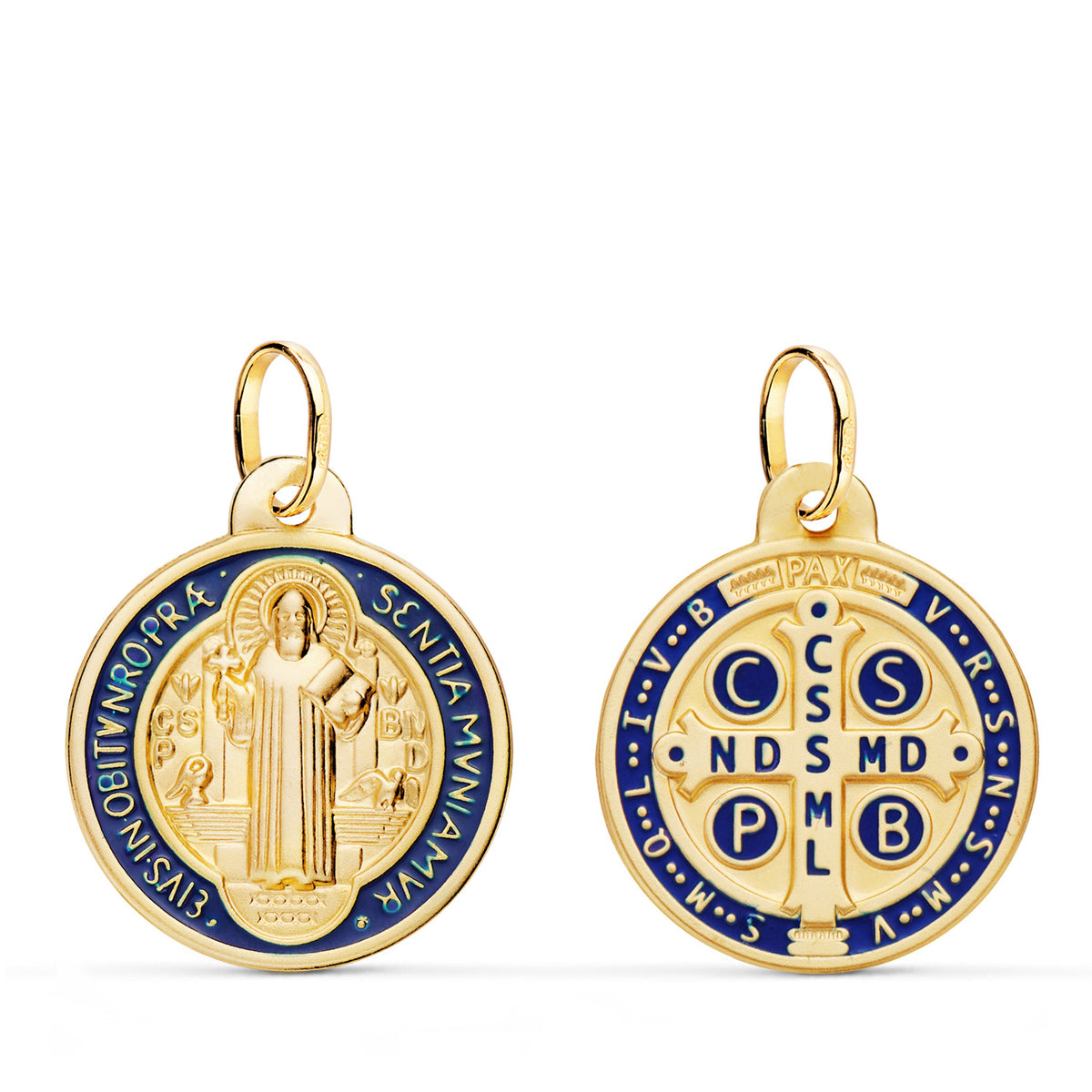 Escapulario de San Benito en oro 18k con esmalte azul, 19 mm, anverso y reverso