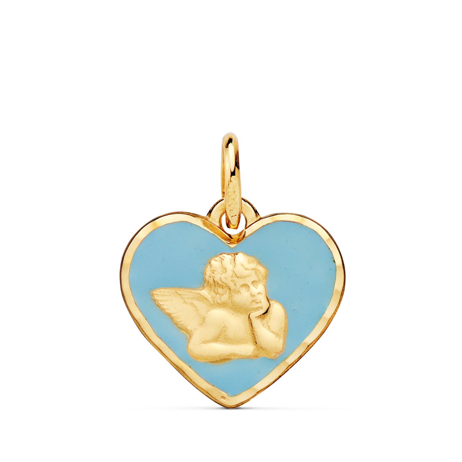 Medalla de oro 18k con forma de corazón, angelito burlón y esmalte azul, 14 mm, sobre fondo blanco