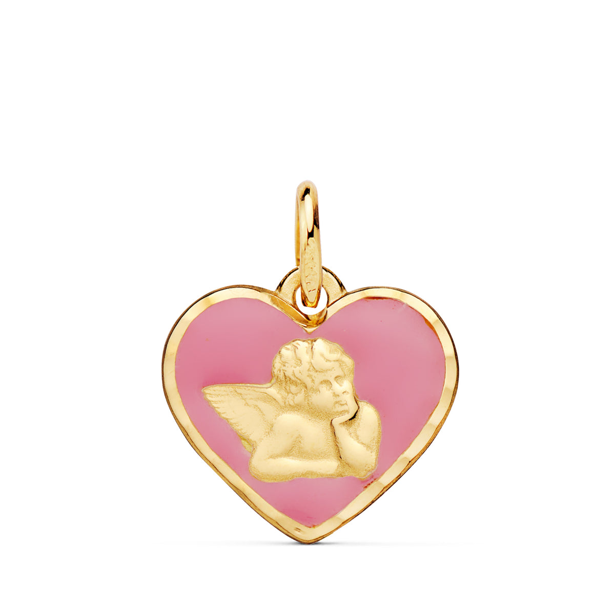 Medalla de oro 18k con forma de corazón, angelito burlón y esmalte rosa, 14 mm, sobre fondo blanco