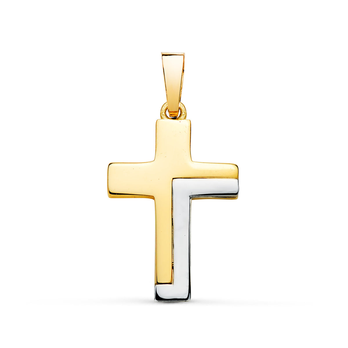 Cruz bicolor de oro de 18 quilates, hueca y de palo rectangular en brillo, de 21 mm de alto y 13,5 mm de ancho