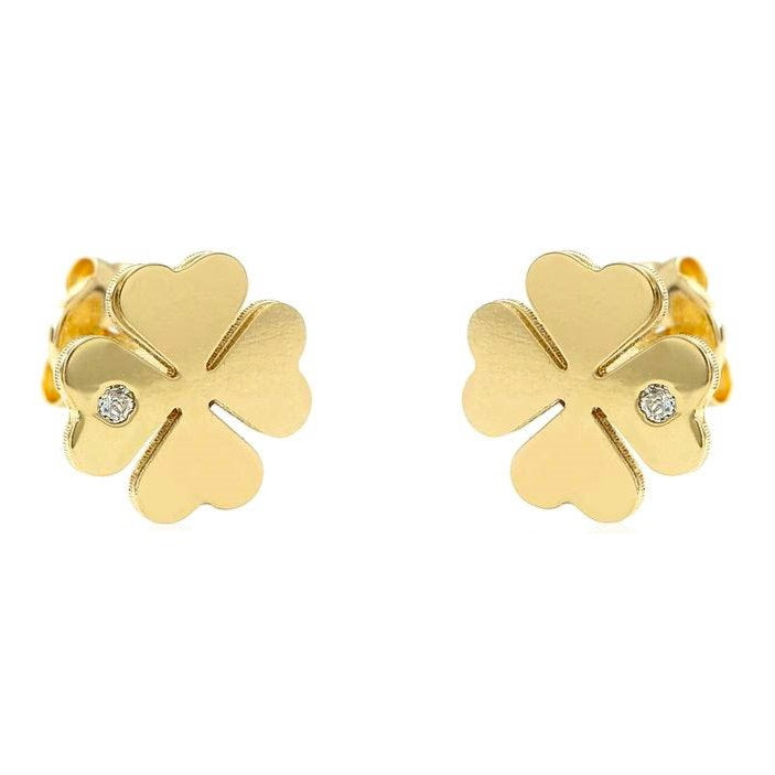 18K PENDIENTES ORO en forma de trébol con cierre presión