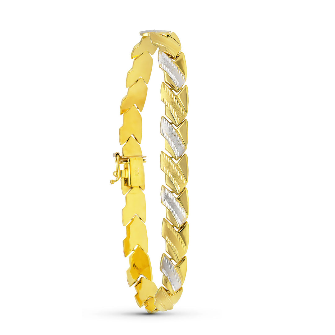 Pulsera de oro bicolor 18k de eslabones planos con estampación geométrica