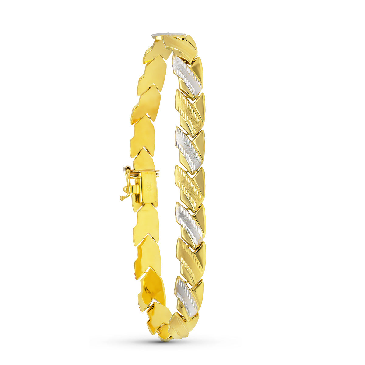Pulsera de oro bicolor 18k de eslabones planos con estampación geométrica