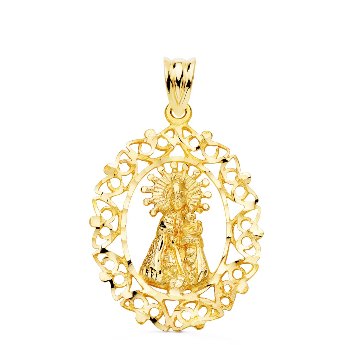 Medalla de la Virgen de los Desamparados en oro de ley 18k de 27x21 mm con cerco calado