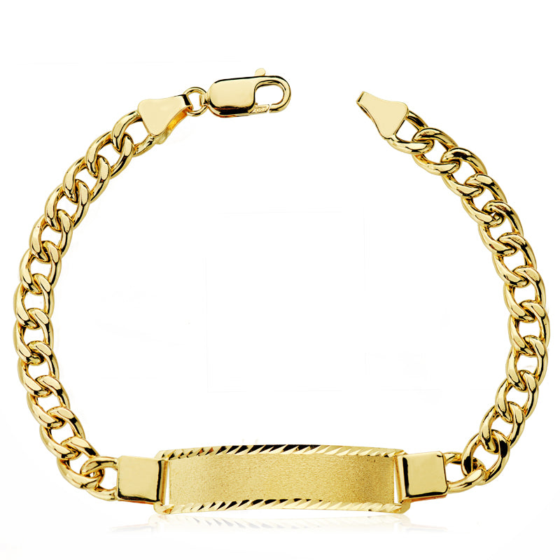 Esclava de oro amarillo 18k barbada hueca, 21,5 cm de largo y ancho de eslabón 6 mm, sobre fondo blanco