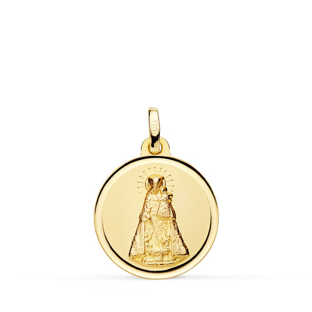 Medalla redonda de la Virgen de los Desamparados en oro de ley 18k de 18 mm con bisel