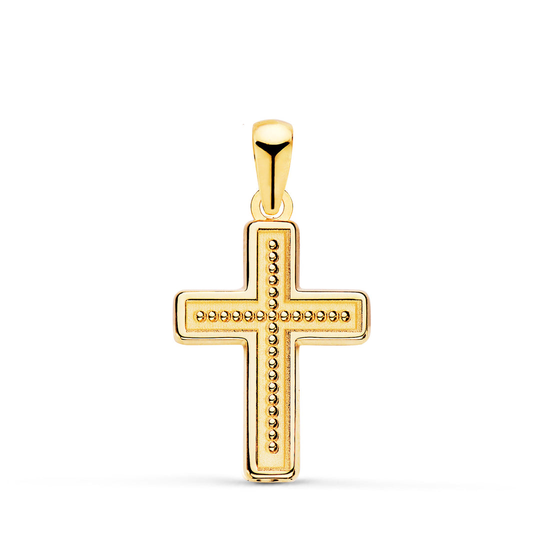 Cruz de oro de 18 quilates con el interior de bolitas, de 18 mm de alto y 13 mm de ancho