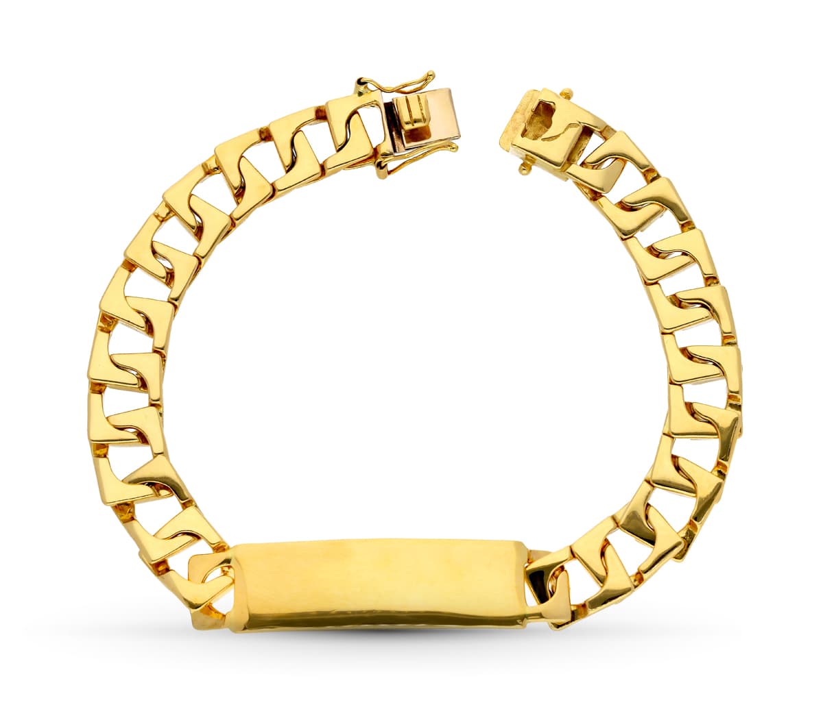 Esclava de oro amarillo 18k maciza, 22 cm de largo y 9 mm de ancho, sobre fondo blanco