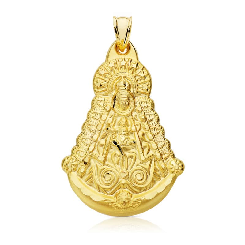 Medalla de la Virgen del Rocío en oro 18k silueta tallada 39x30 mm