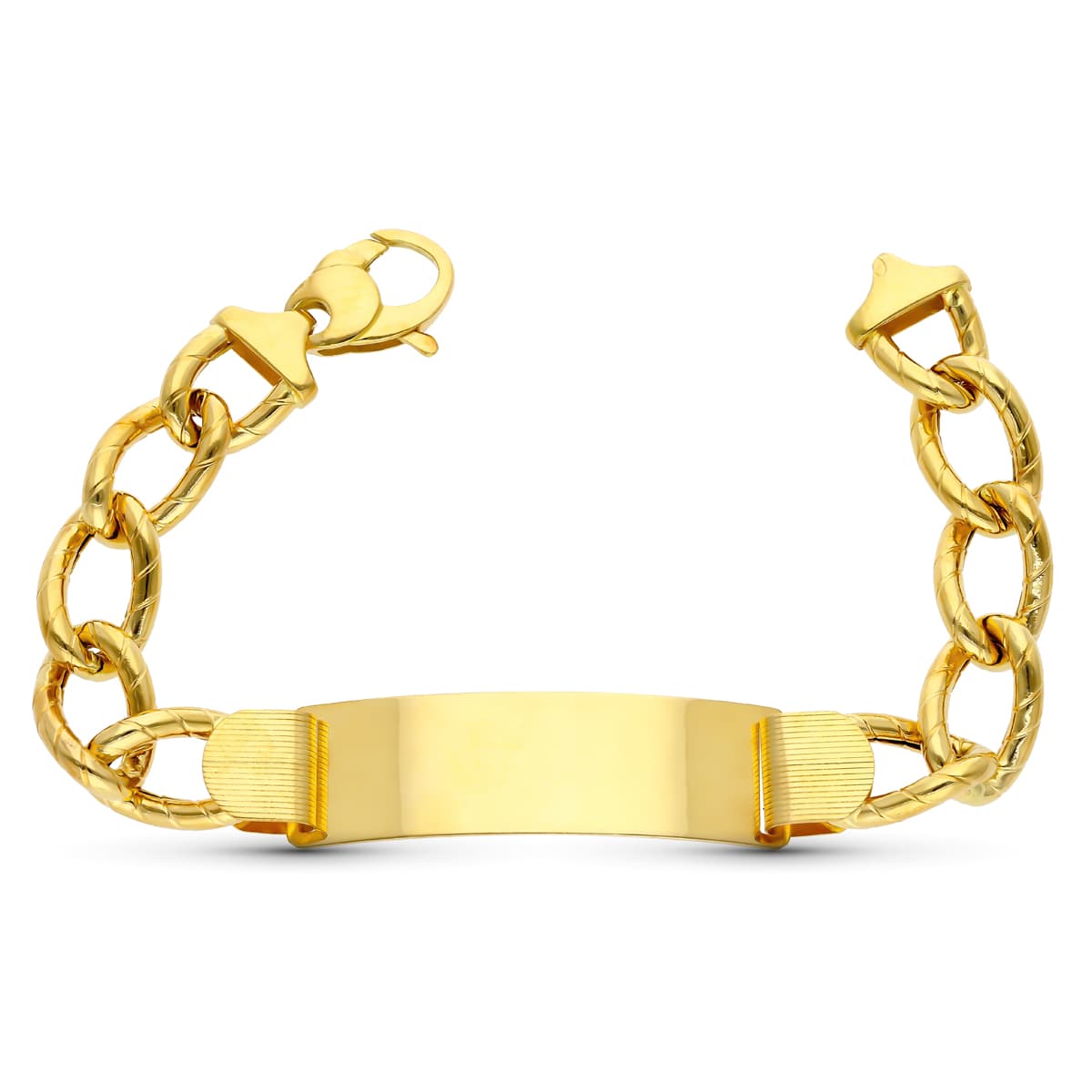 Esclava de oro amarillo 18k hueca, 21 cm de largo y 12 mm de ancho, sobre fondo blanco