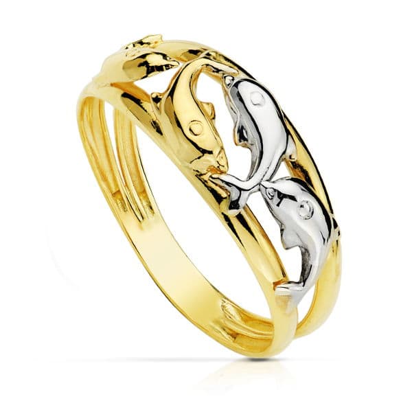 Anillo delfines oro bicolor 18k en brillo