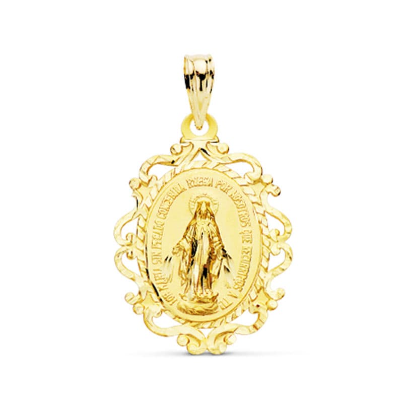 Medalla de la Virgen Milagrosa en oro de ley 9k con cerco en español, 23x16 mm