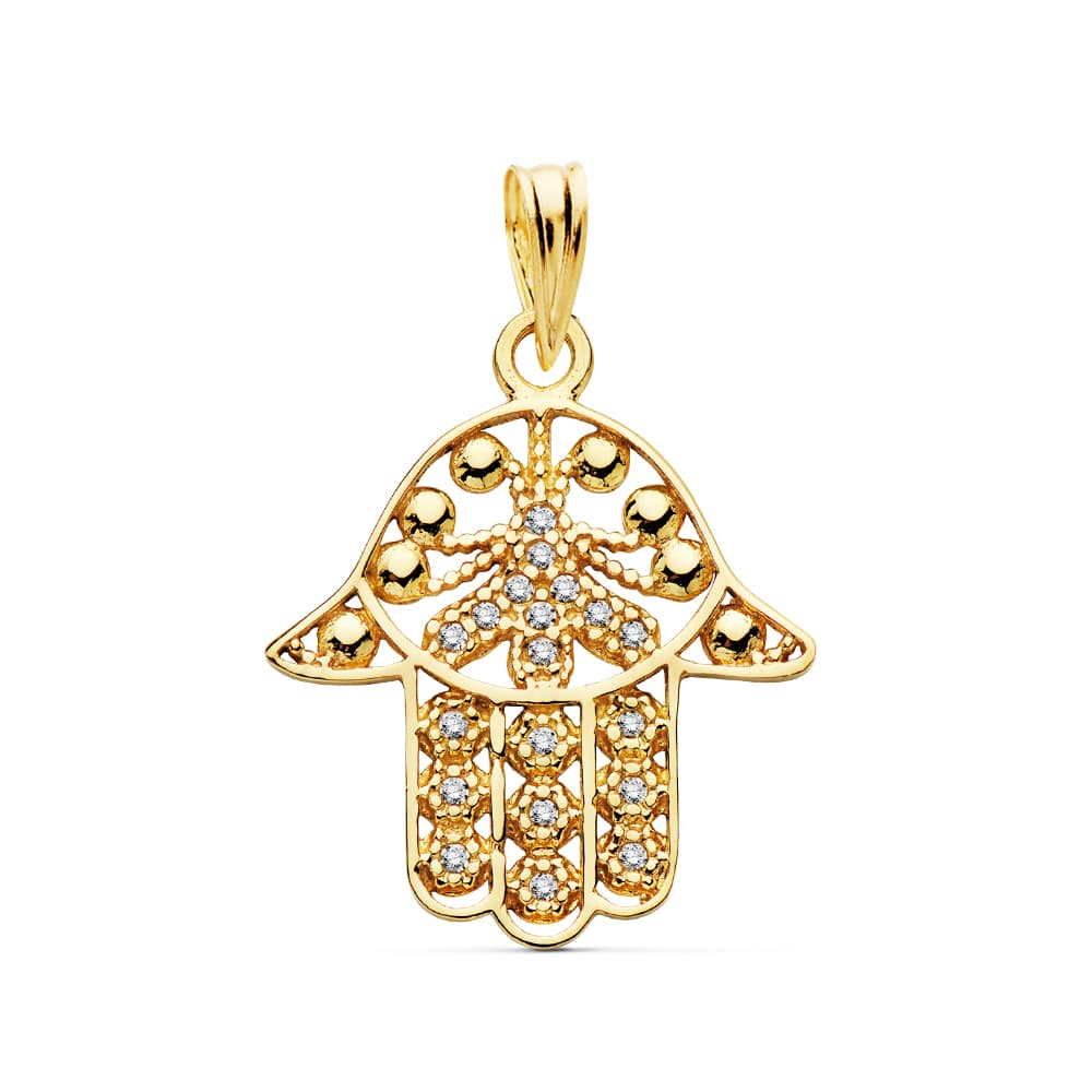 Mano de Fátima con circonitas en oro de ley 18k de 18x18 mm