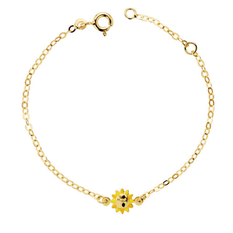 Pulsera de oro 18k para bebé, con un sol de esmalte para niña, 14.5cm