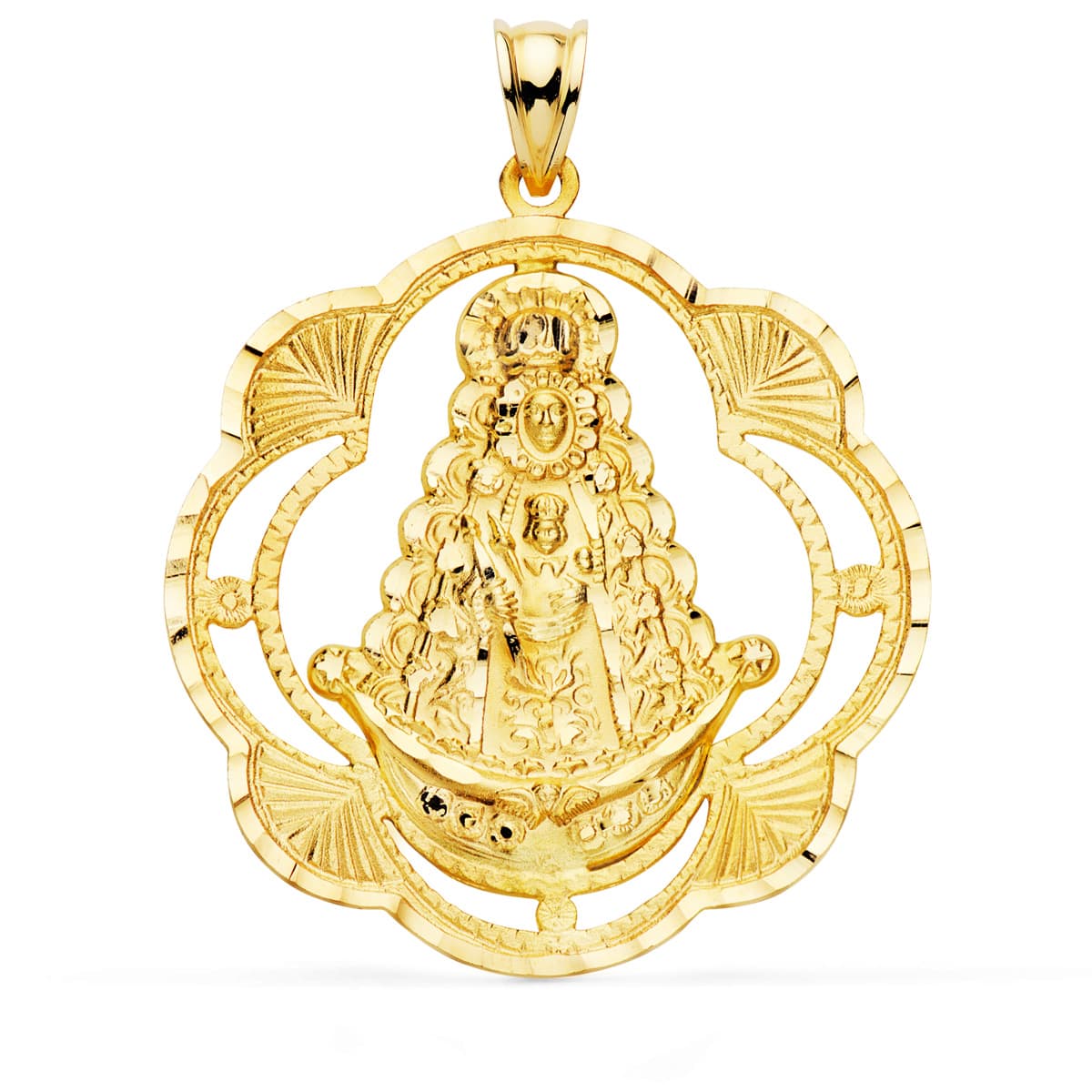 Medalla de la Virgen del Rocío en oro 18k pandereta 37x34 mm