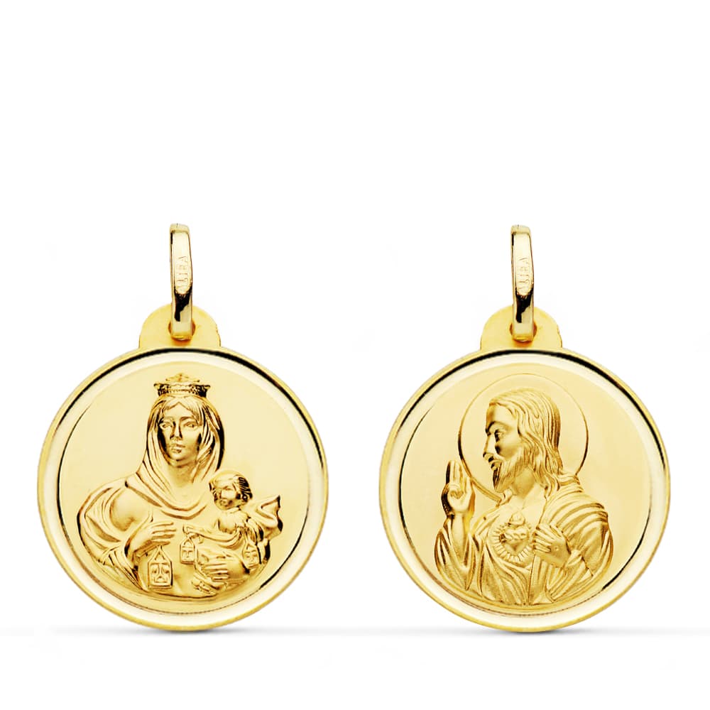 Escapulario de la Virgen del Carmen y Corazón de Jesús en oro 18k escapulario con bisel 19x20 mm