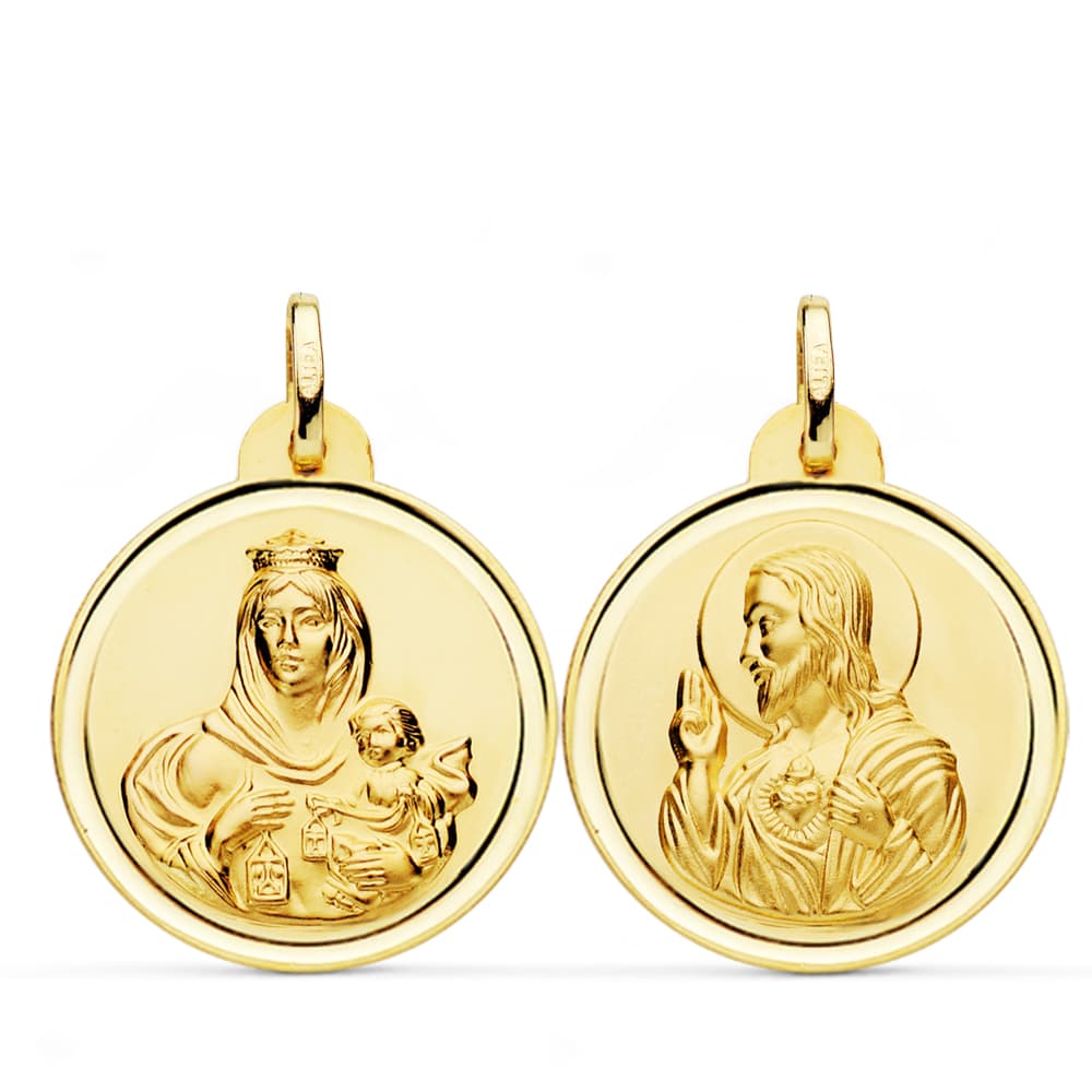 Escapulario de la Virgen del Carmen y Corazón de Jesús en oro 18k escapulario con bisel 23x24 mm