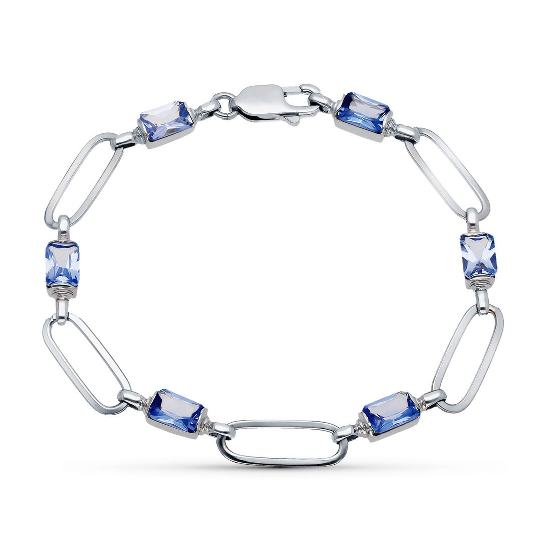 Pulsera de oro blanco 18k de eslabones ovalados con piedras de color azul, 19,5 cm de largo