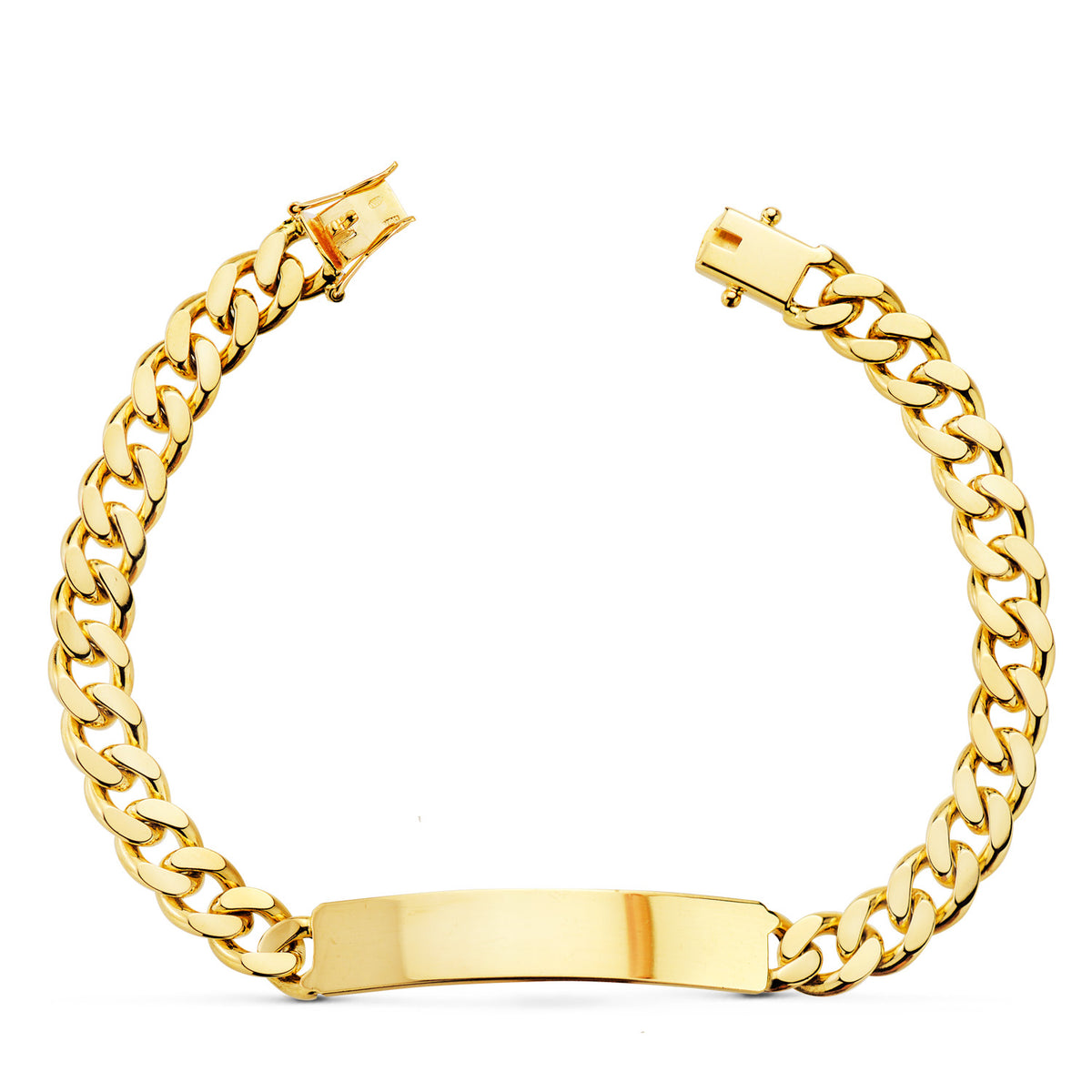 Esclava de oro amarillo 18k barbada maciza, ancho 7 mm, largo 21 cm y placa chapa 40x8 mm, sobre fondo blanco
