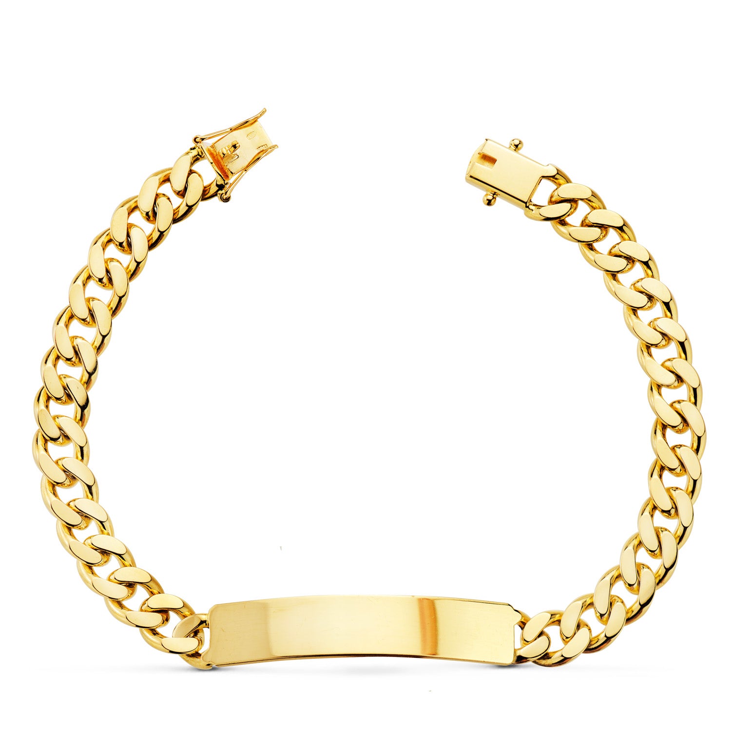 Esclava de oro amarillo 18k barbada maciza, ancho 7 mm, largo 21 cm y placa chapa 40x8 mm, sobre fondo blanco