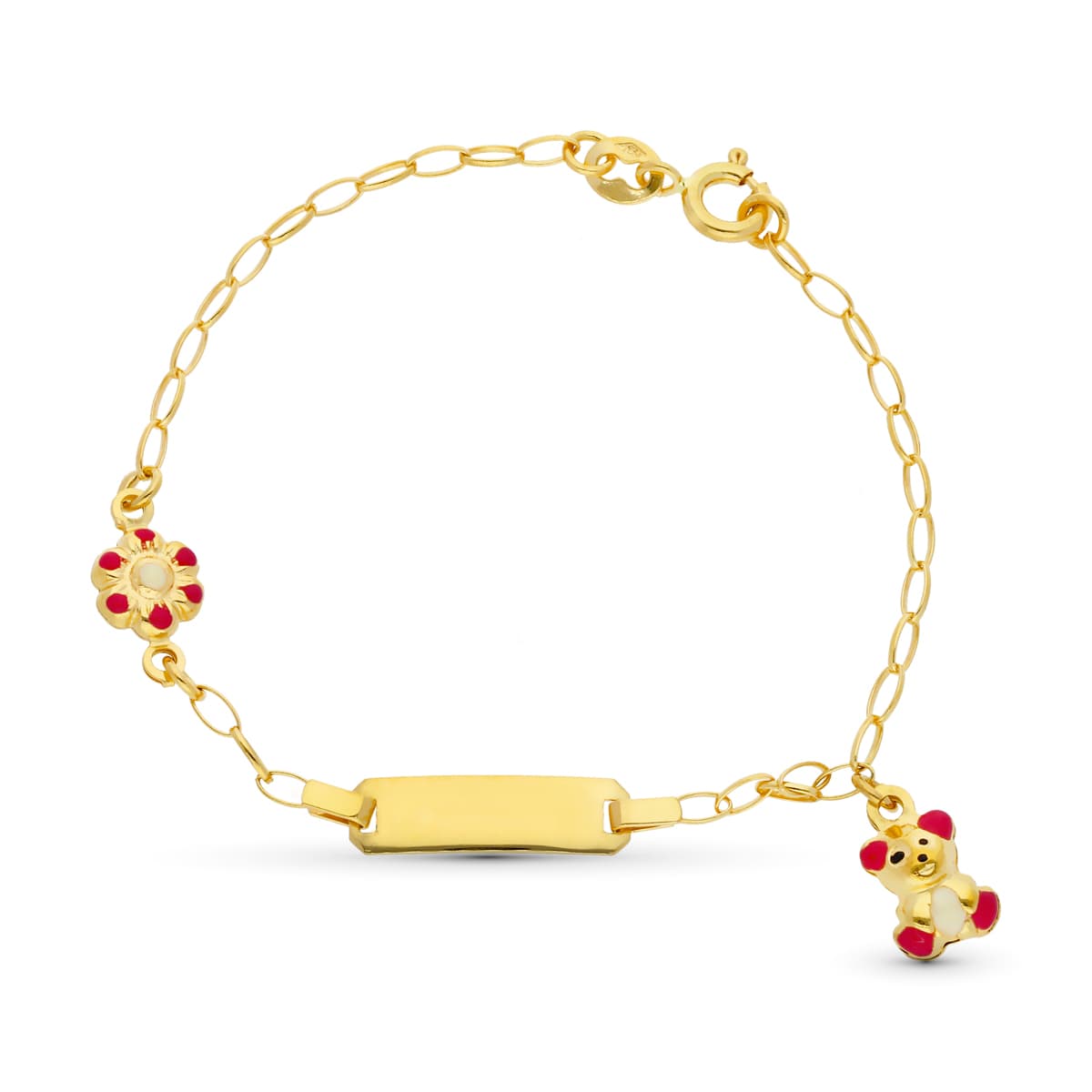 Esclava de oro 18k para bebé, con un oso y una flor de esmalte, 13cm