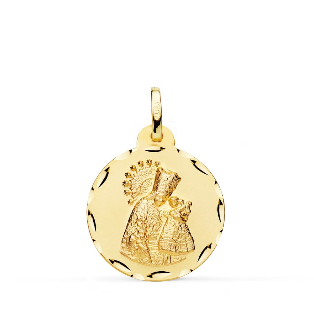 Medalla redonda de la Virgen de los Desamparados en oro de ley 18k de 20 mm con canto tallado