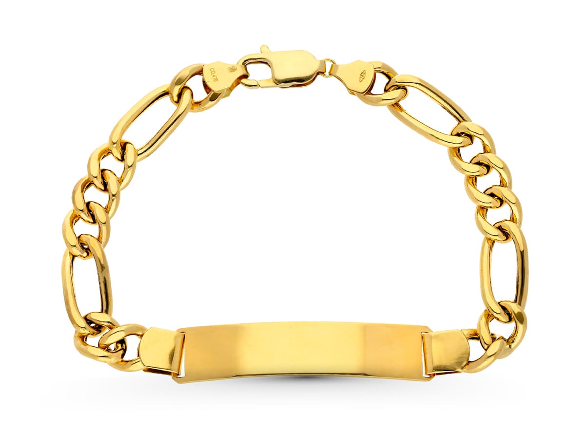 Esclava de oro amarillo 18k estilo cartier, hueca, ancho 8 mm, largo 21,5 cm y placa chapa 45x10 mm, sobre fondo blanco