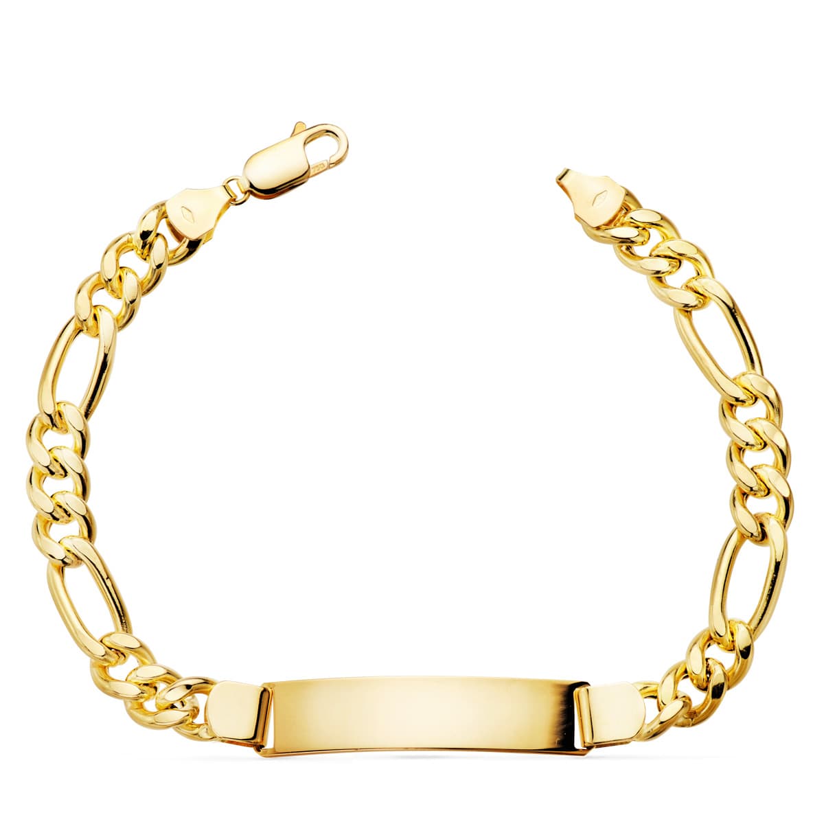 Esclava de oro amarillo 18k eslabón figaro cartier 3x1, hueca, ancho 7 mm y largo 21,5 cm, sobre fondo blanco