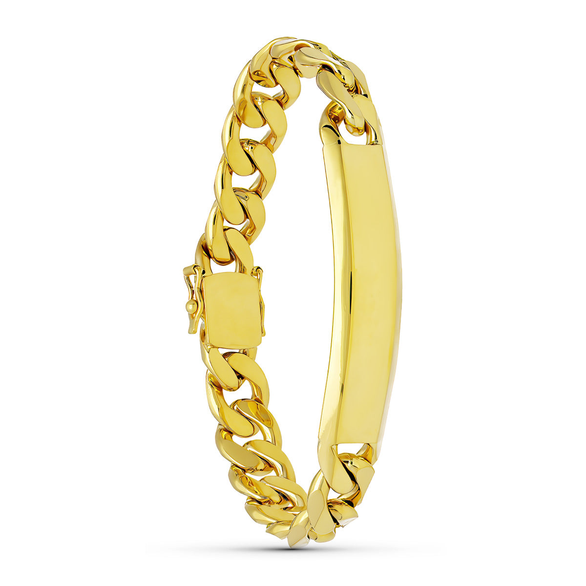 Esclava de oro amarillo 18k barbada maciza, ancho 10 mm, largo 20,5 cm y placa chapa 58x11 mm, sobre fondo blanco