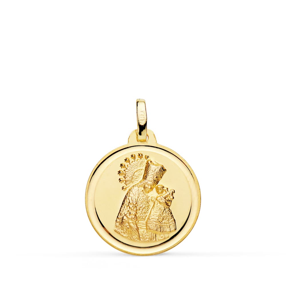 Medalla redonda de la Virgen de los Desamparados en oro de ley 18k de 20 mm con bisel